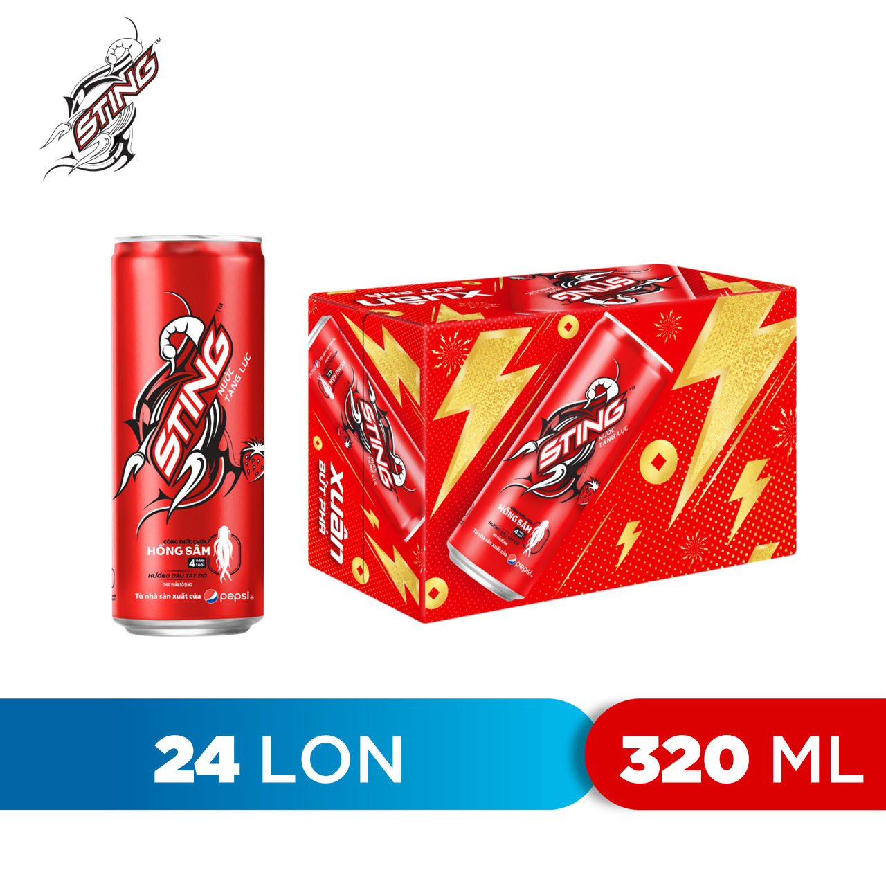 Thùng 24 Lon Nước Tăng Lực Sting Dâu (320ml/Lon)