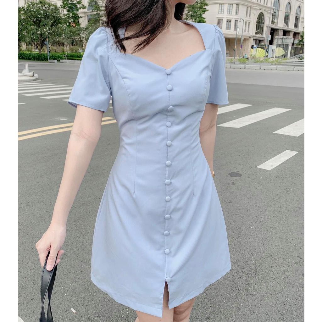 Váy Khuy Cúc Bọc Hở Lưng, Ôm Eo, Tôn Dáng, Màu Dịu Dàng