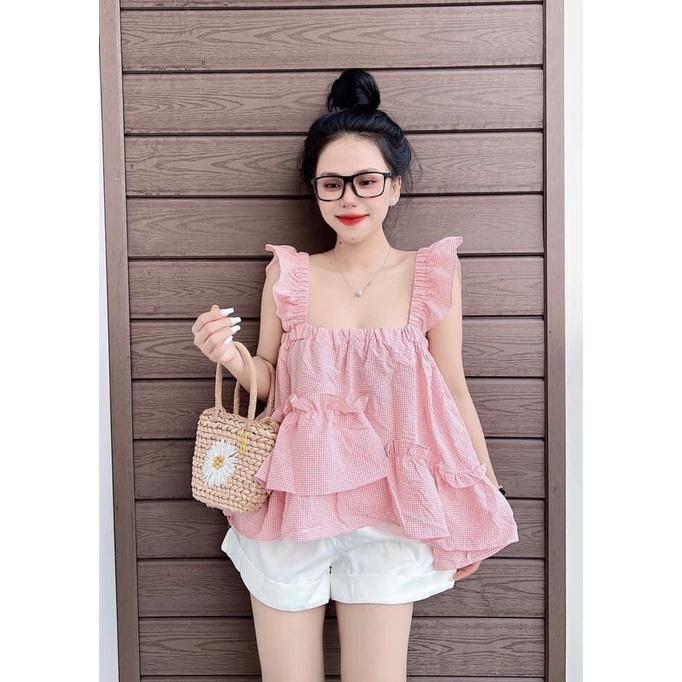 ÁO ĐŨI KẺ 2 DÂY CÁNH TIÊN DÁNG DÀI TẦNG XÒE CỰC XINH
