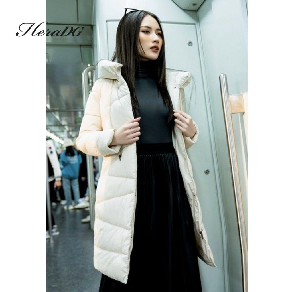 Áo Khoác Phao Nữ Dáng Dài HeraDG Túi Chéo Chần Chéo Kèm Mũ Sang Trọng, Vải Gió Chống Nước Chống Bám Bụi WJKBA17
