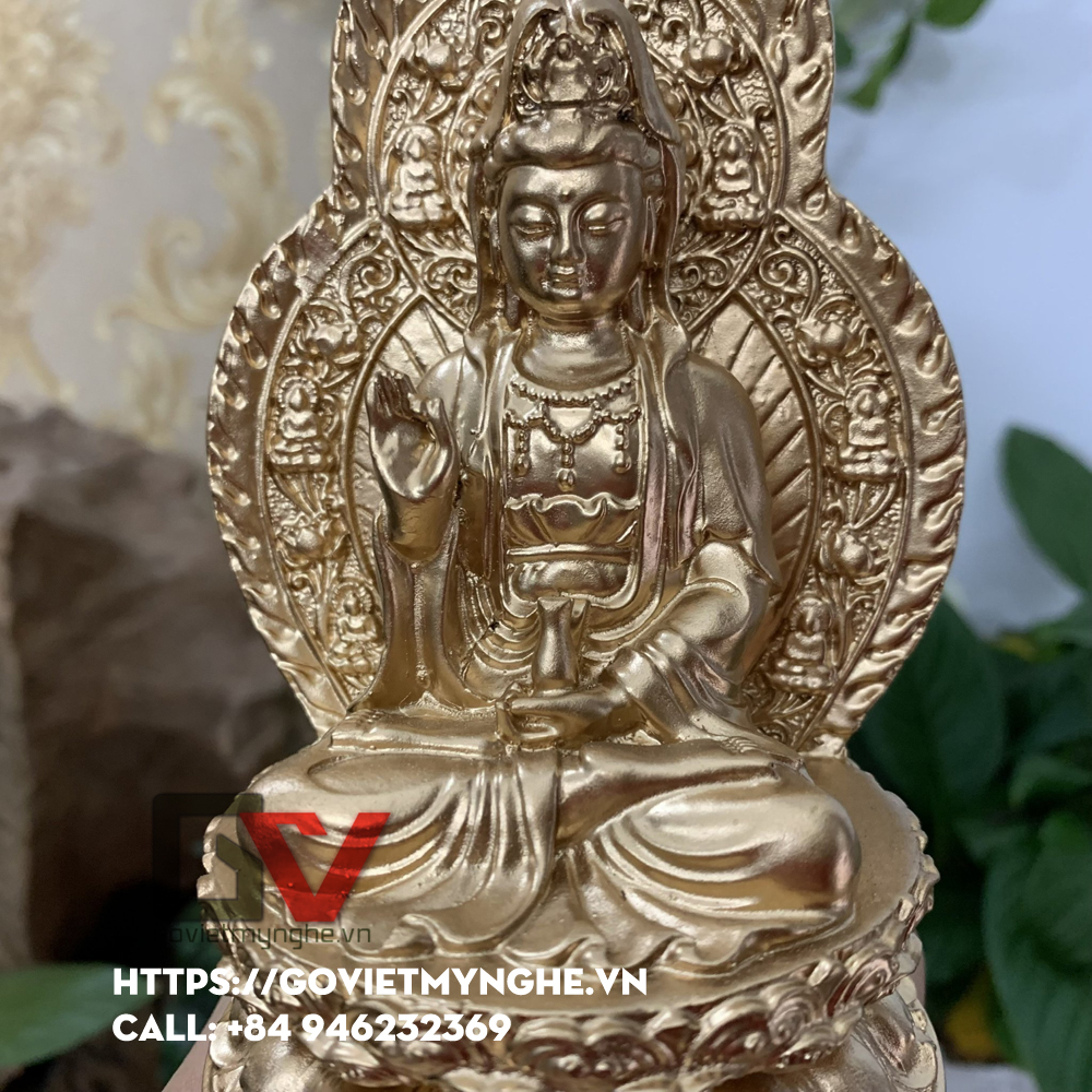 Tượng đá Quan Thế Âm Bồ Tát ngồi đài sen + chữ "Phật" - Chiều cao 15cm - Màu nhũ đồng