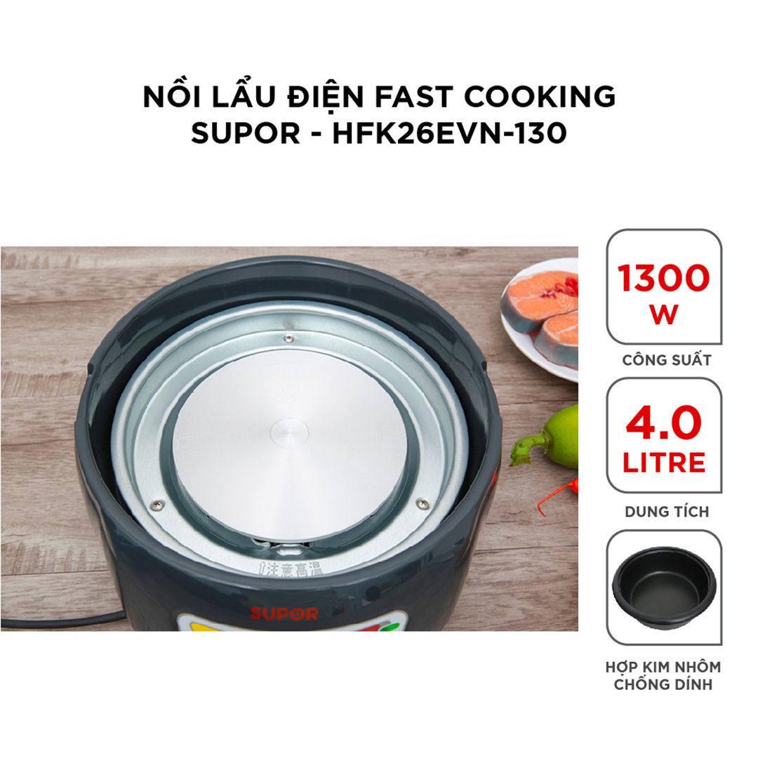 (HÀNG CHÍNH HÃNG) Nồi lẩu điện Fast Cooking Supor HFK26EVN-130 - 4L, 1300W