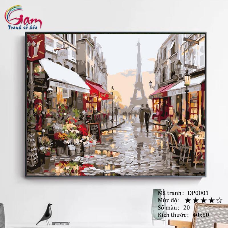 Tranh tự vẽ tự tô màu theo số sơn dầu số hóa phong cảnh phố hoa Paris tháp Eifel DP0001