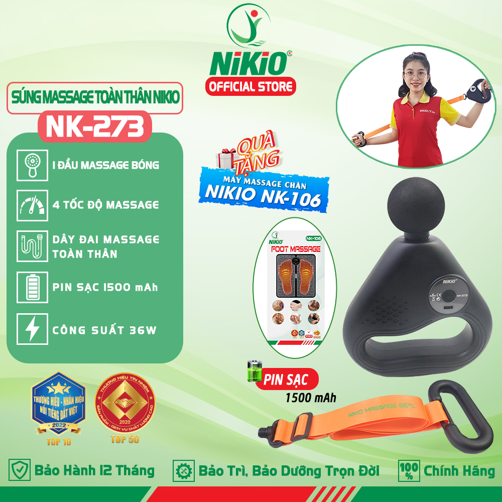 Súng Máy Massage Cầm Tay Nikio Nk - 273 - Hỗ Trợ Mát Xa Giãn Cơ Chuyên Sâu, Thư Giãn, Giảm Đau, Giảm Căng Cứng Cơ Bắp - Đầu Massage Tròn Dây Đai Matxa