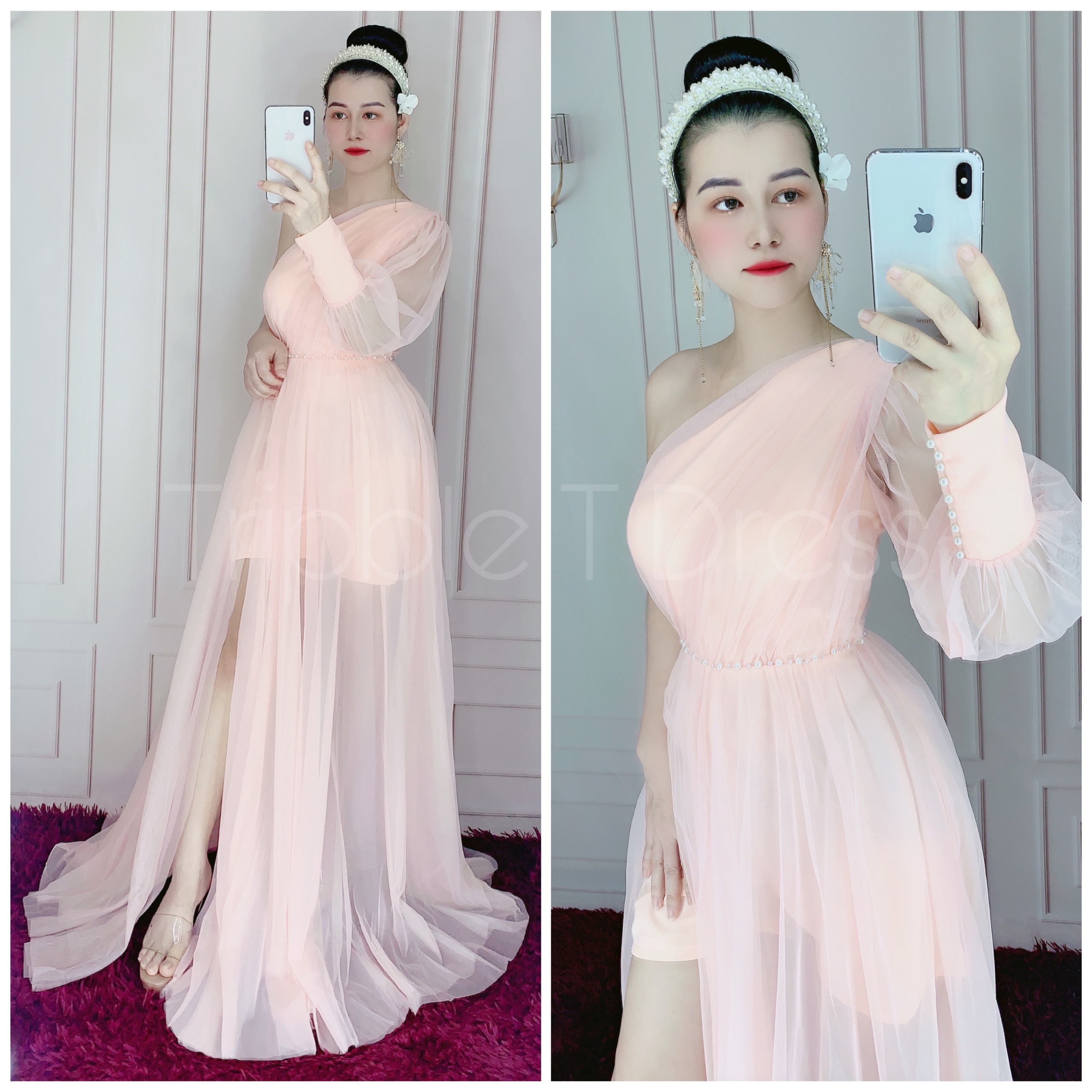 Đầm maxi dự tiệc lệch vai tay dài kết ngọc TRIPBLE T DRESS - size M/L - MS132V