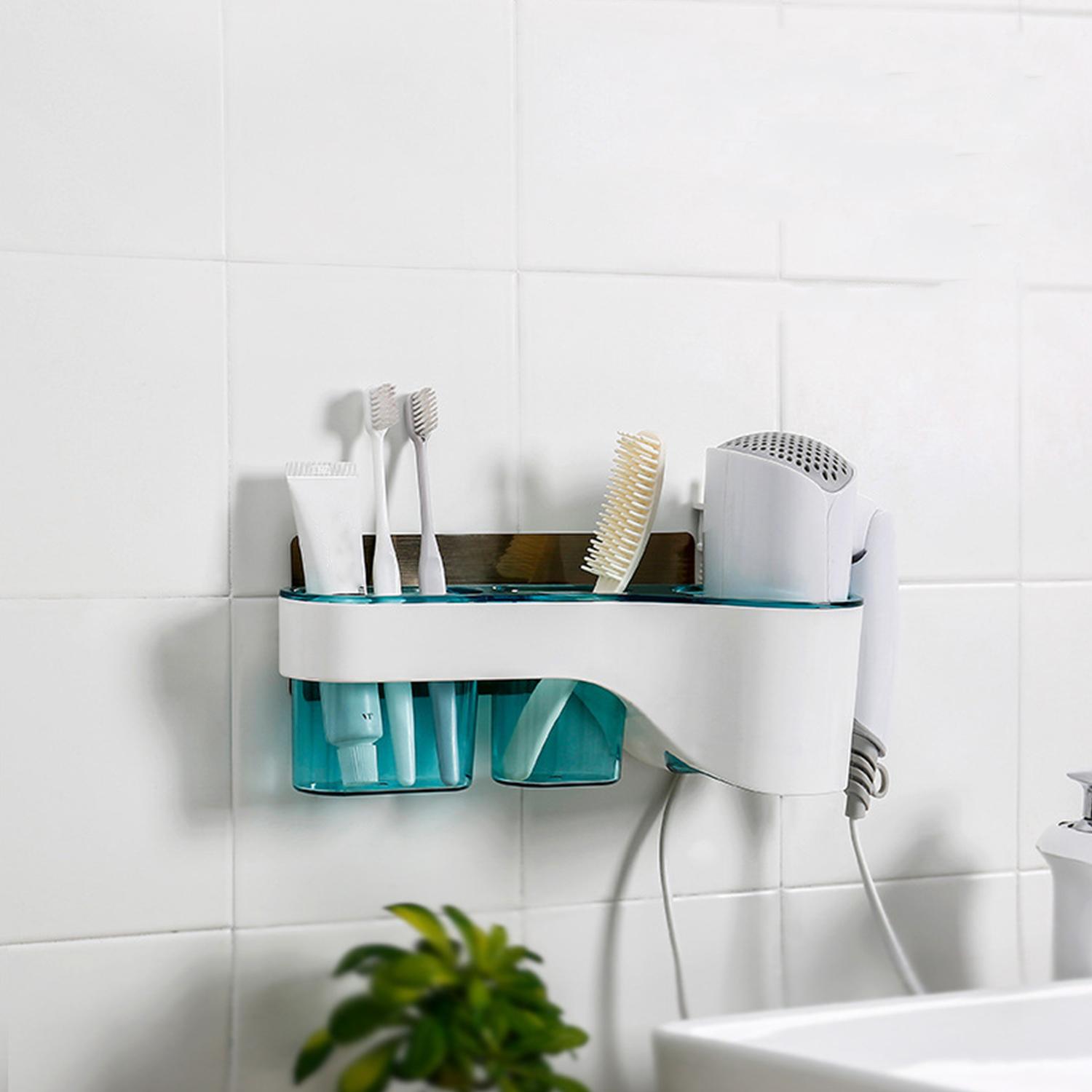 Giá đỡ máy sấy tóc treo tường, có rãnh đựng cốc và các dụng cụ tạo kiểu