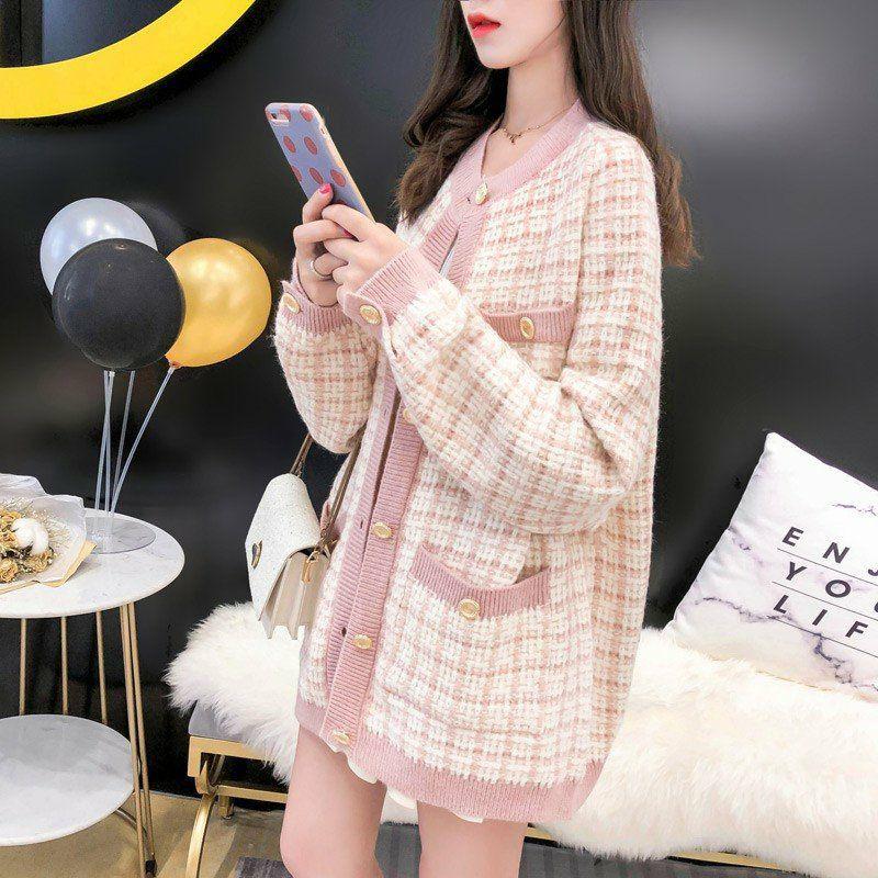 Áo khoác len nữ dáng rộng áo dạ tweed cổ tròn phong cách Hàn