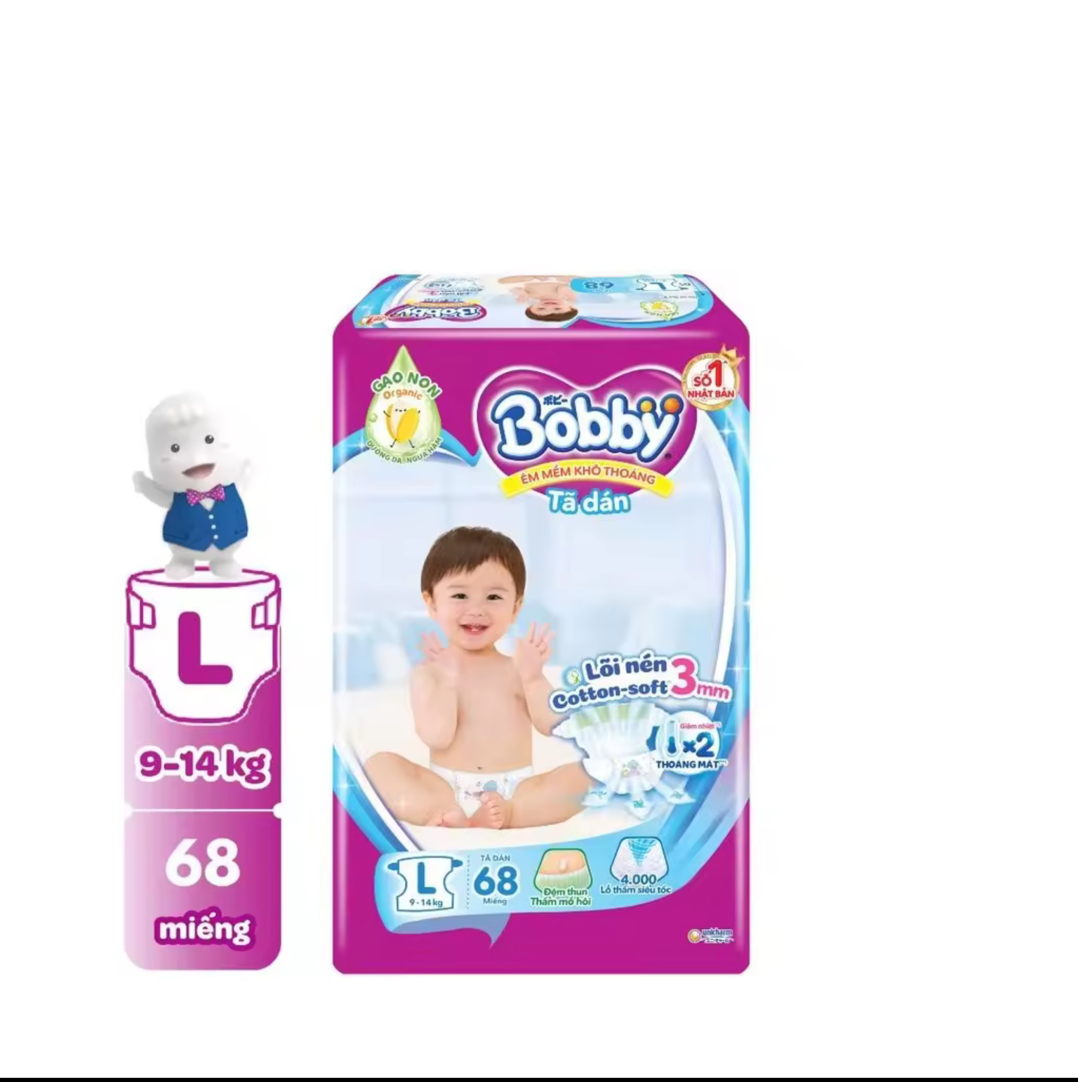 Tã Dán Trẻ Em Bobby Size L 68 Miếng ( L68 Cho Bé 9 Đến 13 Kg) Êm Mềm Khô Thoáng - Bỉm Dán Bobby Size L