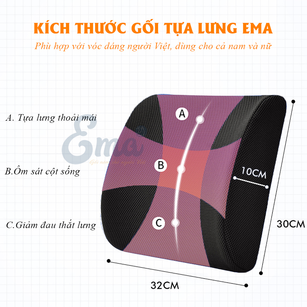 Gối tựa lưng văn phòng cao su non EMA chống đau mỏi thắt lưng cho dân văn phòng, lái xe - Giữ tư thế ngồi thẳng, giảm đau mỏi khi phải ngồi lâu