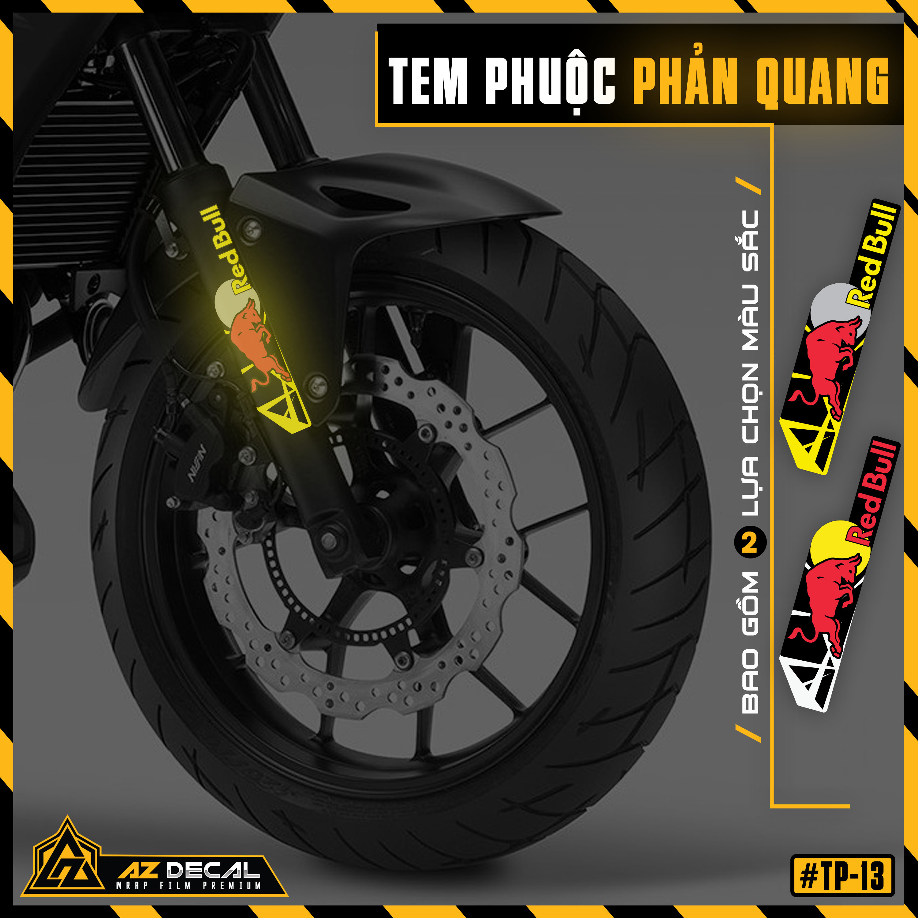 Tem Phuộc Xe Máy Phản Quang Mẫu Red Bull | TP13 | Decal Dán Phuộc Trước Cho Mọi Dòng Xe Máy, Xe Điện - Vàng Xám - Phản Quang