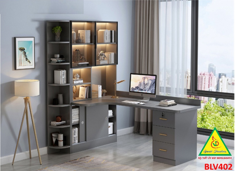 BÀN HỌC – BÀN LÀM VIỆC LIỀN KỆ GỖ MDF TỦ CÁNH KÍNH CÓ ĐÈN LED BLV402 - NỘI THẤT LẮP RÁP VIENDONGADV