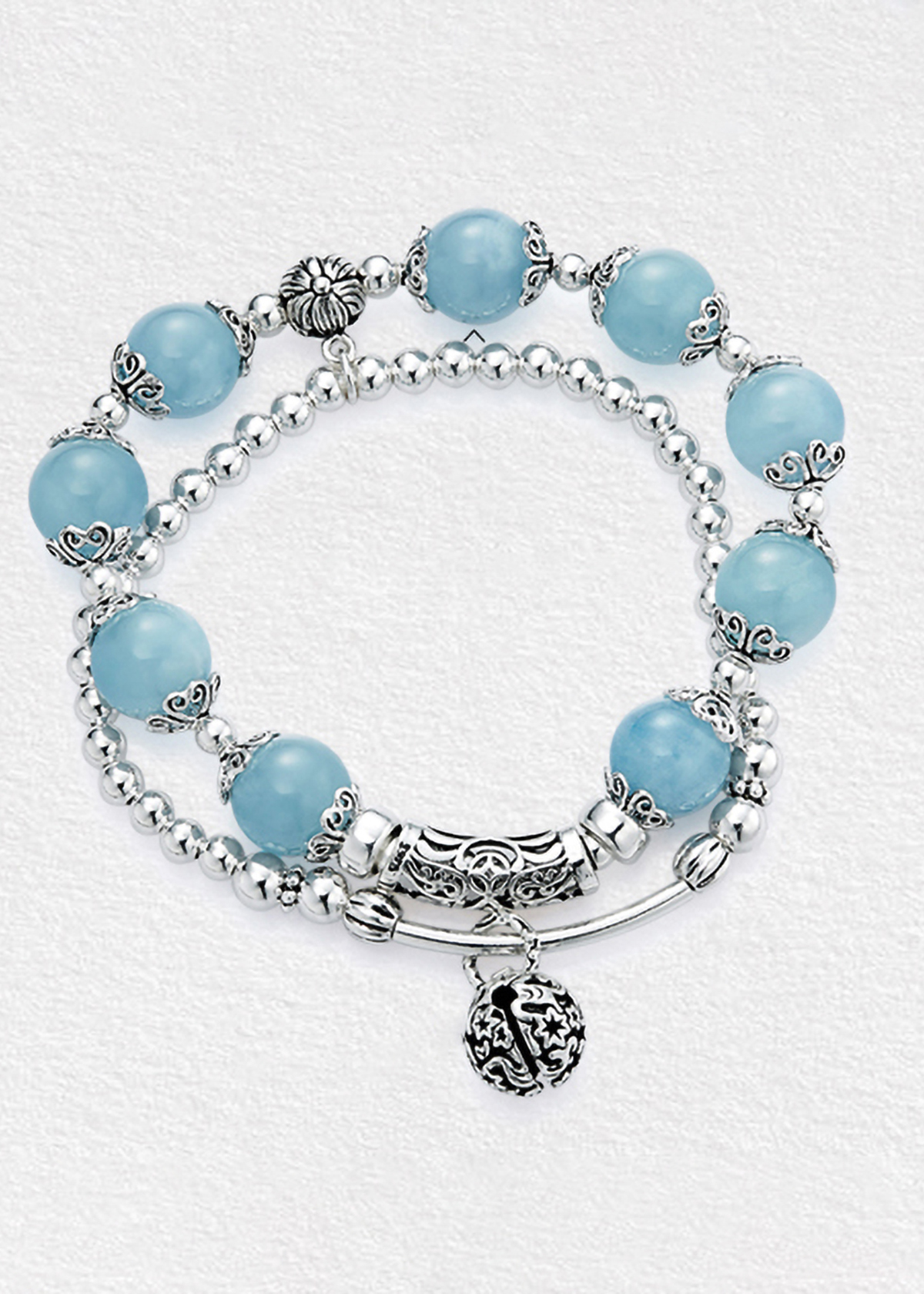 Vòng 2 line đá Aquamarine phối charm bạc size hạt 10mm mệnh thủy, mộc - Ngọc Quý Gemstones