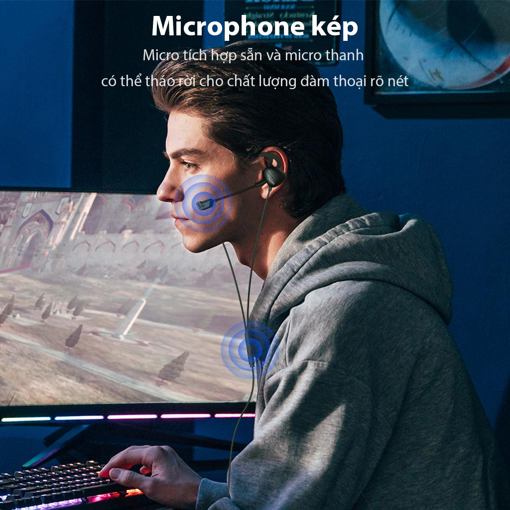 Tai Nghe Có Dây Nhét Tai Acome AE100 Kiểu Dáng Gaming, Microphone Kép, Âm Thanh Sắc Nét - Hàng chính hãng