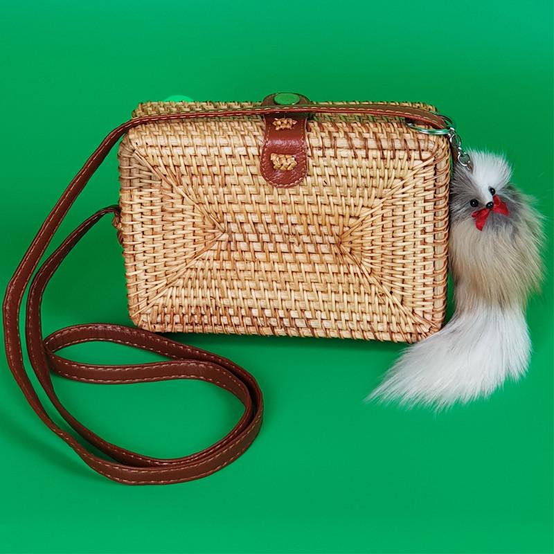 Túi cói chữ nhật kiểu messenger phong cách Boho thanh lịch - Với Móc khóa hình sóc chuột cực cute