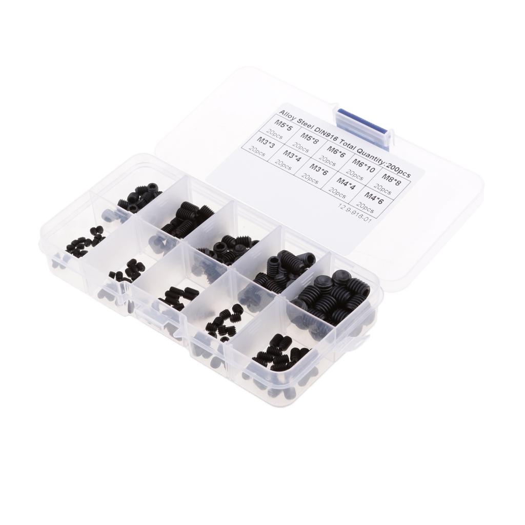 200Pcs M3 M4 M5 M6 M8 Carbon Steel Head Hex Socket Grub Screws Assorted Kit