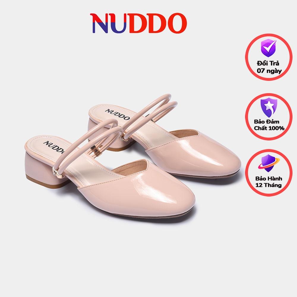 Giày sandal cao gót nữ mũi tròn thời trang NUDDO gót vuông cao 3 phân da bóng phong cách Hàn Quốc