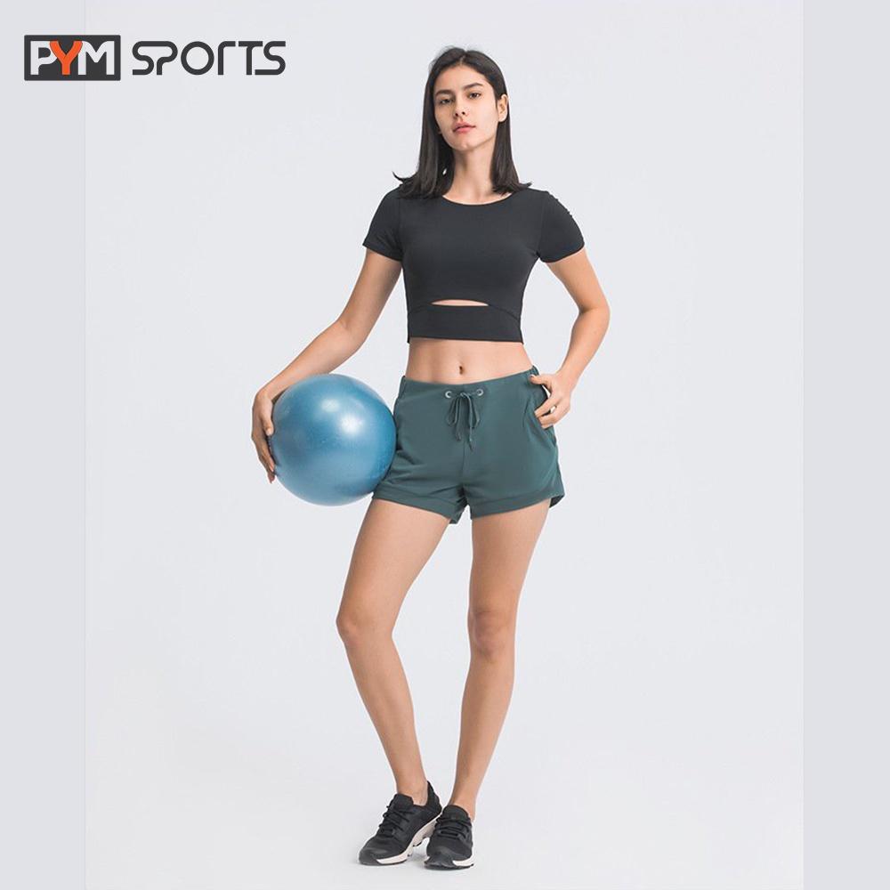 Quần short ngắn tập Yoga - Gym PYMSPORT - PYMQT011, 1 lớp,màu trơn cạp chun có dây rút - 4 màu đen, tím, xanh, ghi đen