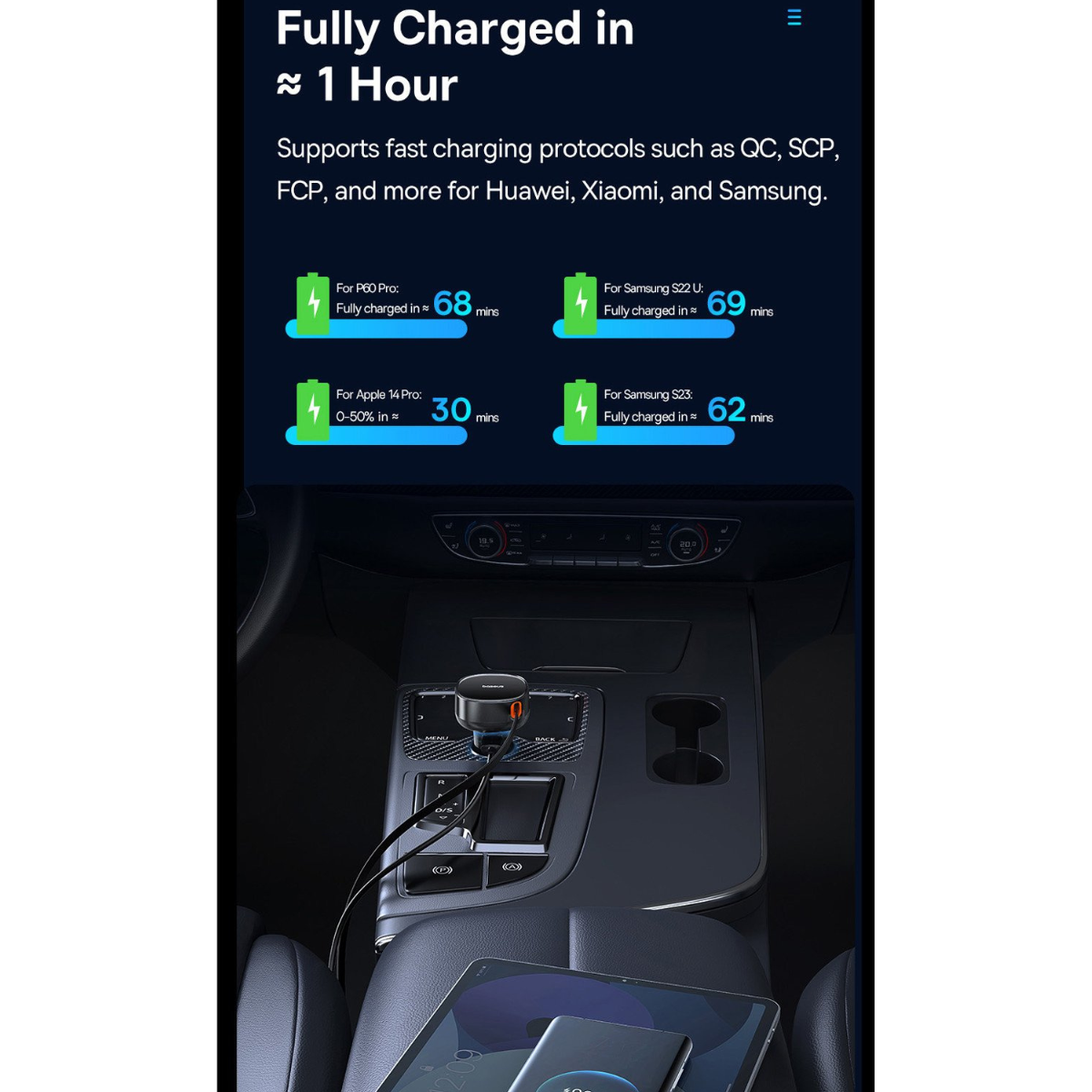 Tẩu sạc dùng trên ô tô tích hợp cáp Type C và Lightning Cable 60W Baseus Enjoyment Pro Car Charger - Hàng chính hãng