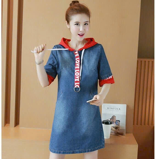 Đầm Jean Nữ Đính Dây Nón Trùm Trẻ Trung