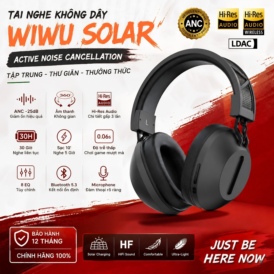 Tai nghe chống ồn ANC NeoSilent Pro cao cấp kết hợp sạc năng lượng mặt trời WIWU Solar TD-06 Bluetooth 5.3,Bass mạnh, Spatial Audio sống động, Hi-Res + LDAC nghe cực hay, Pin lâu &amp; sạc nhanh - Hàng nhập khẩu