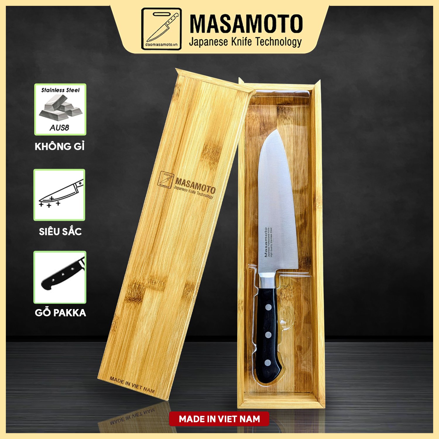 Dao Thái Đa Năng Cán Gỗ Masamoto Santoku - MK301