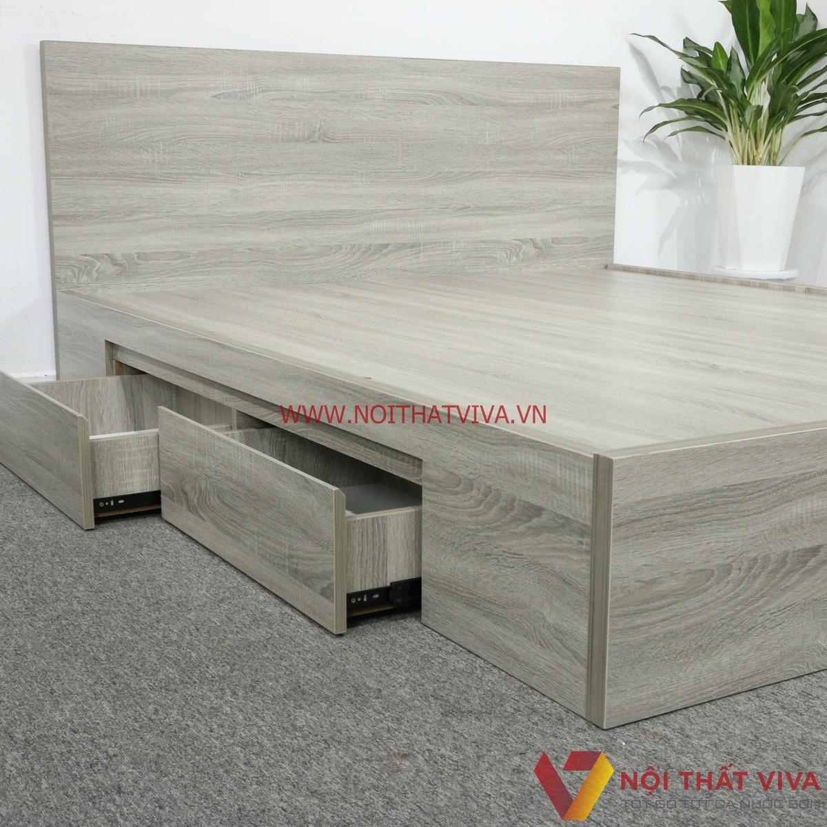 Giường Ngủ Gỗ MDF Melamine Màu Xám Vân Gỗ Có Hộc Kéo Đẹp Hiện Đại