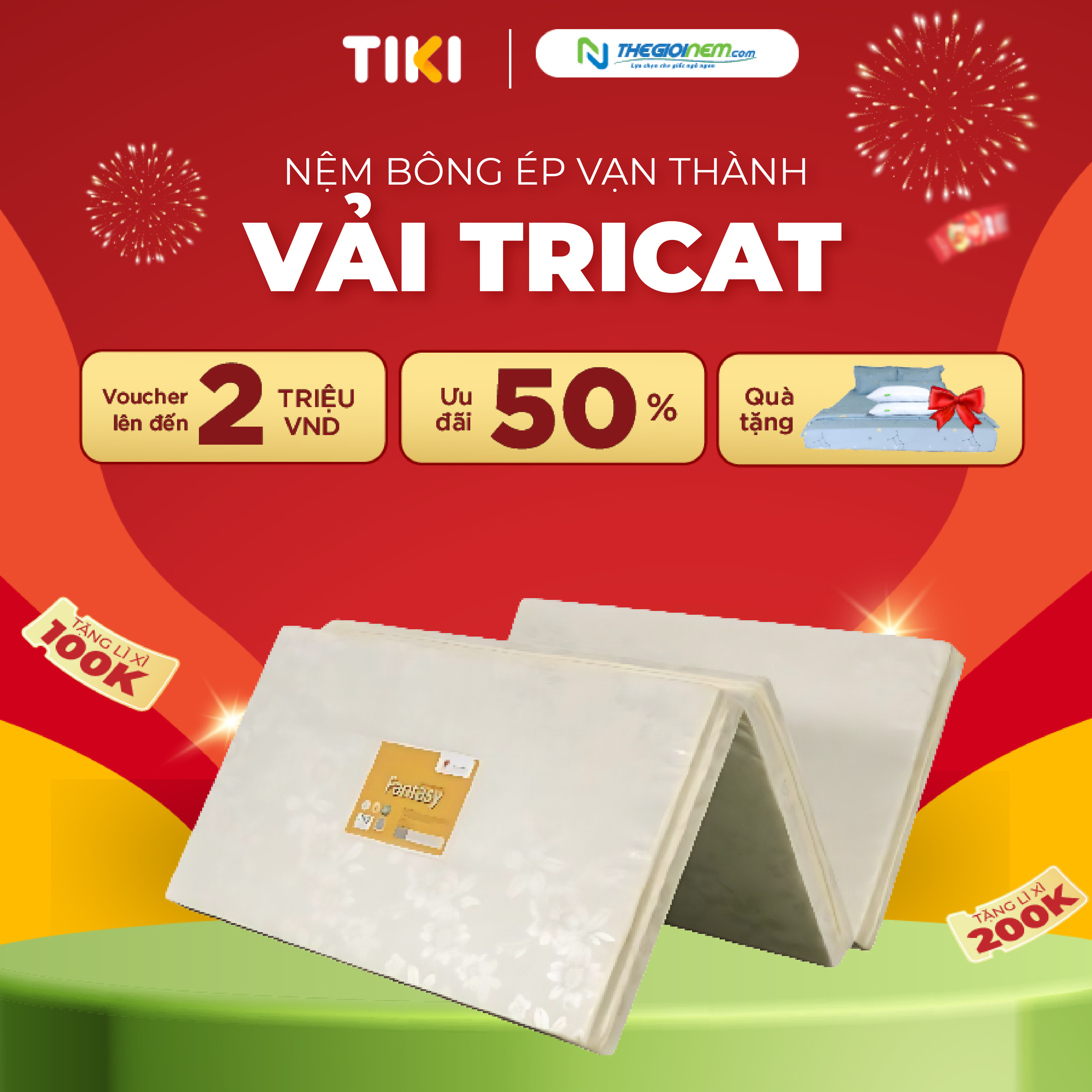 Nệm Bông Ép Vạn Thành Vải Tricat - 120X195 - 9Cm