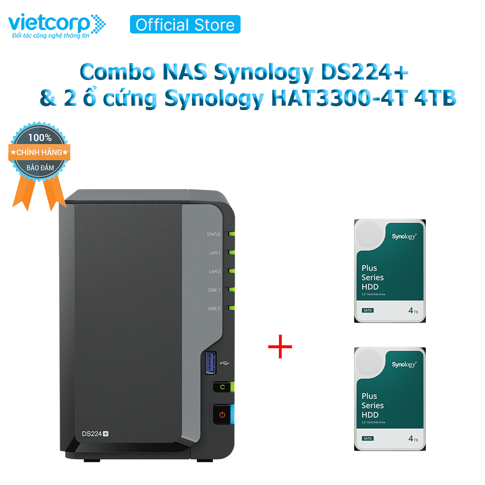 Combo Thiết bị lưu trữ NAS Synology DS224+ và 2 Ổ cứng Synology HAT3300-4T Hàng Chính Hãng