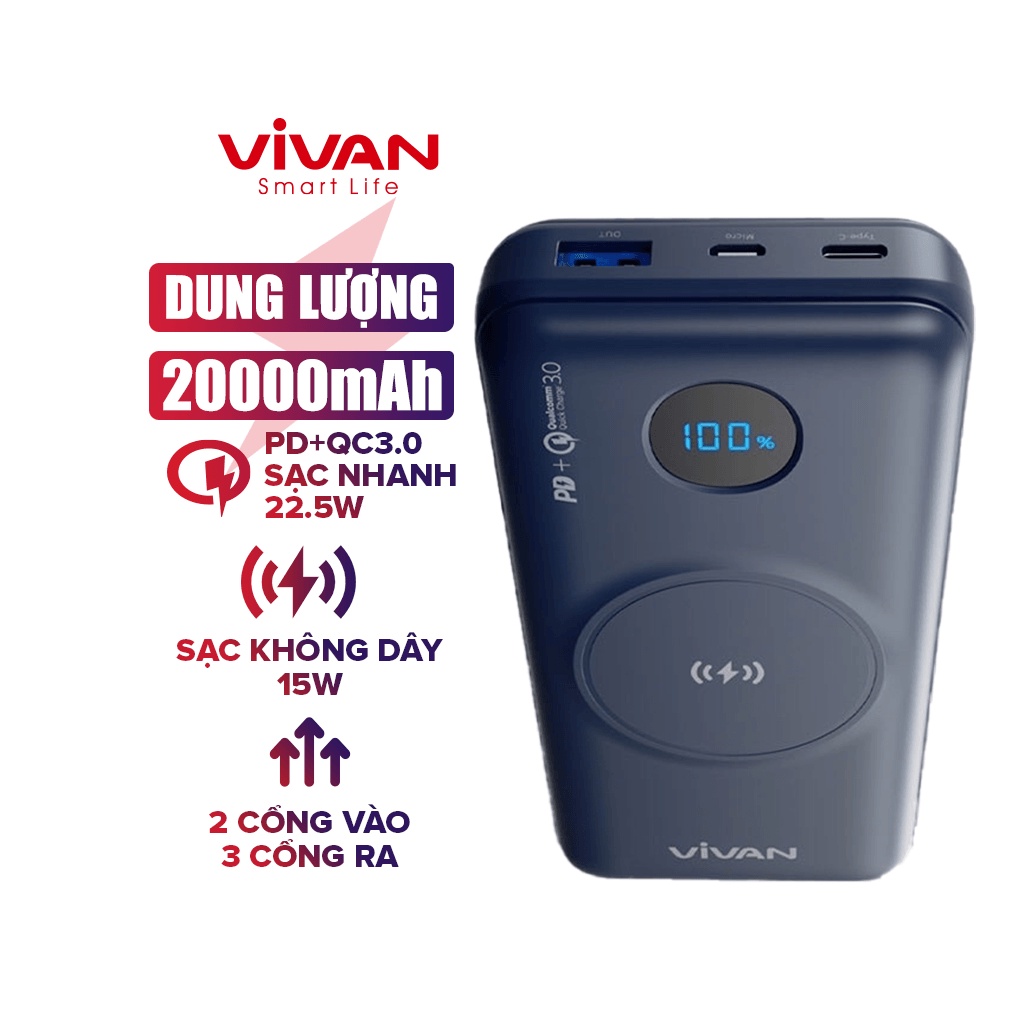 Pin Dự Phòng Sạc Không Dây VIVAN VPB-W20 20.000mAh Hỗ trợ Sạc Nhanh 22. Chuẩn QC 3.0 PD - Hàng Chính Hãng