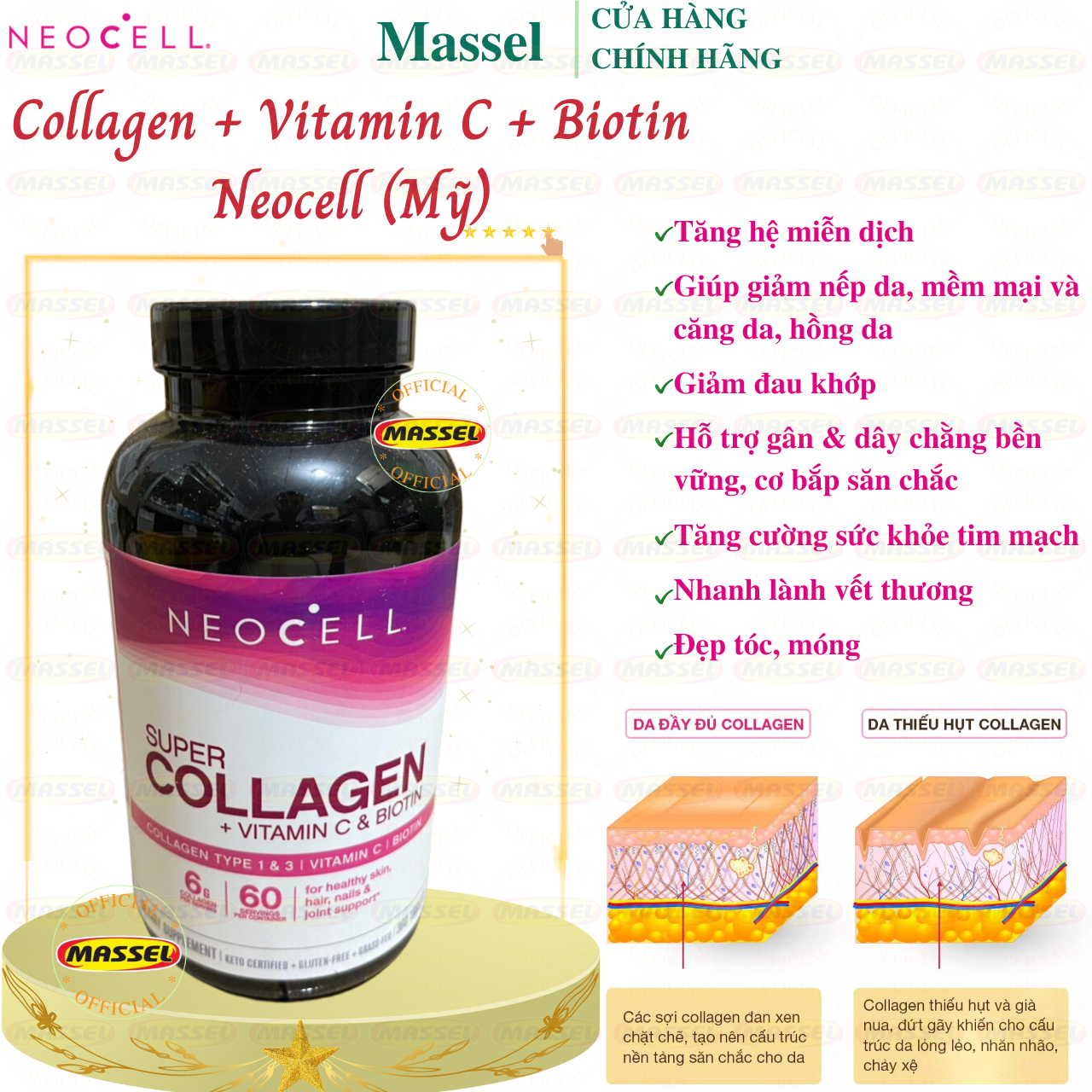 Collagen Neocell Types 1 & 3 Mỹ Hỗ trợ cang da, giảm nhăn da, giúp da, tóc, móng tay và khớp khỏe mạnh từ bên trong ra ngoài - Massel Official