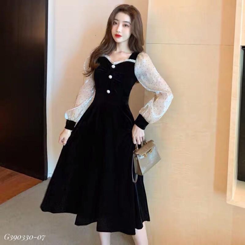Váy nhung phối tay tơ oganza cao cấp cho con bú KÈM ẢNH THẬT SHOP CHỤP