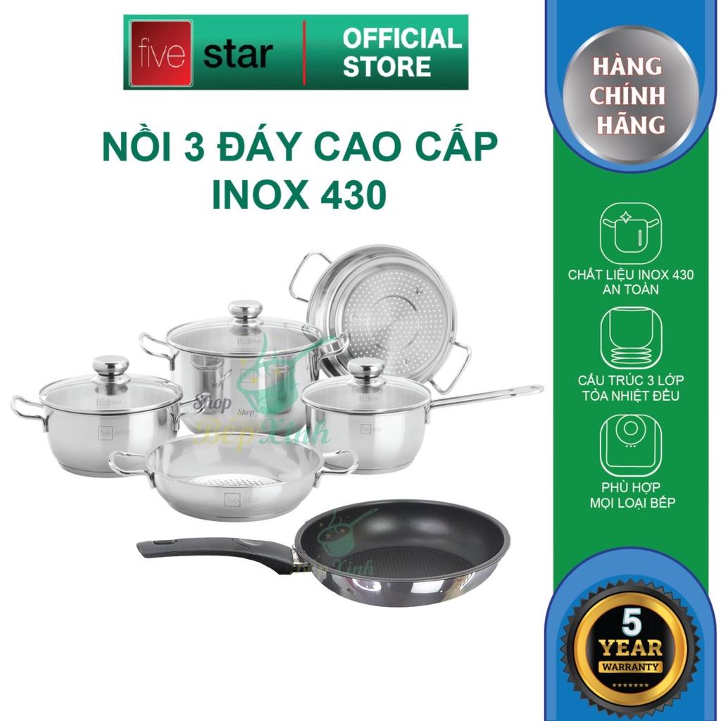 Bộ Nồi Chảo 3 Đáy Inox 430 Cao Cấp Fivestar Standard 6 món nắp kính , dùng được mọi bếp