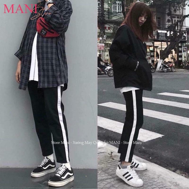 Quần thể thao nữ dài 1 sọc to trắng dáng baggy có túi vải Umi - Quần Jogger dây rút nữ cạp chun màu Đen đi học thể dục