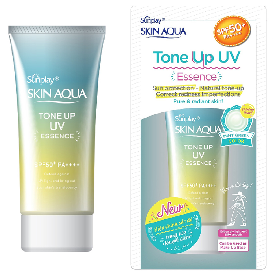 Kem chống nắng nâng tông Skin Aqua Tone up Mint Green cho da trắng có khuyết điểm đỏ, dạng tinh chất Sunplay Skin Aqua Tone Up UV Essence Mint Green SPF 50+ PA++++ 50g