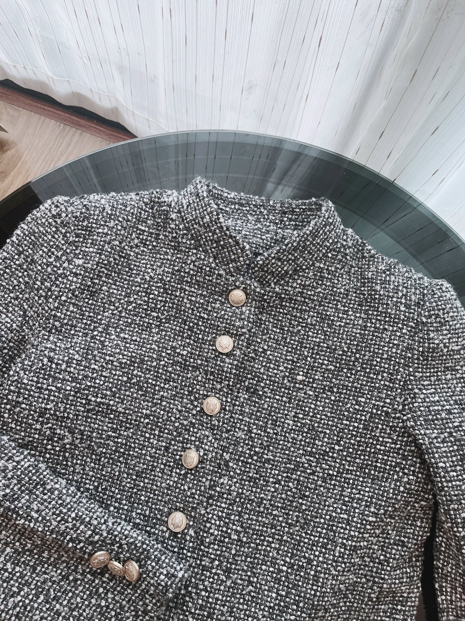Áo khoác vest dạ xám tiêu cúc đồng 2 lớp cho nữ AKN061
