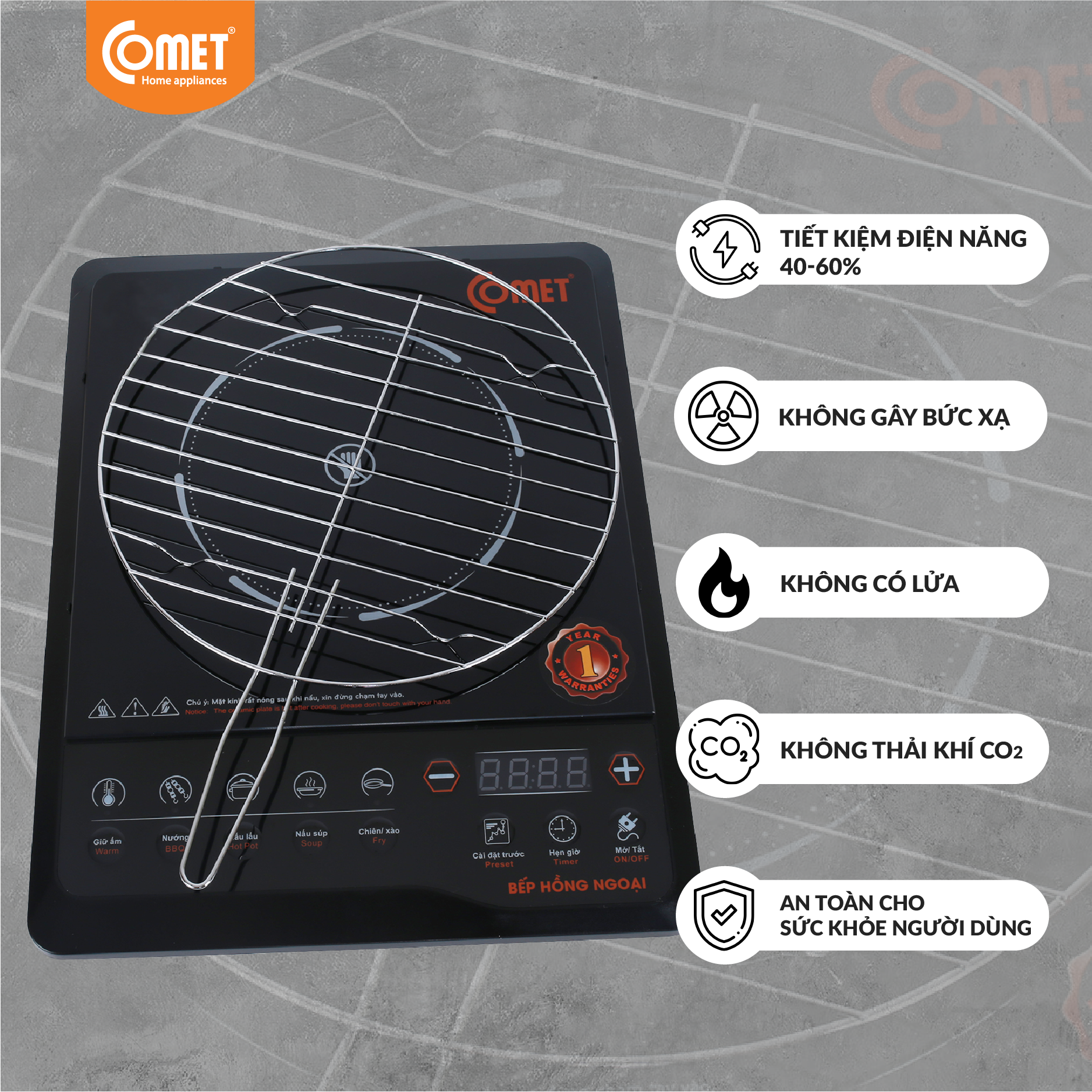Bếp hồng ngoại Comet CM5517 – công suất 2000W, mặt kính chịu lực, đa chế độ nấu – Hàng chính hãng, bảo hành 12 tháng