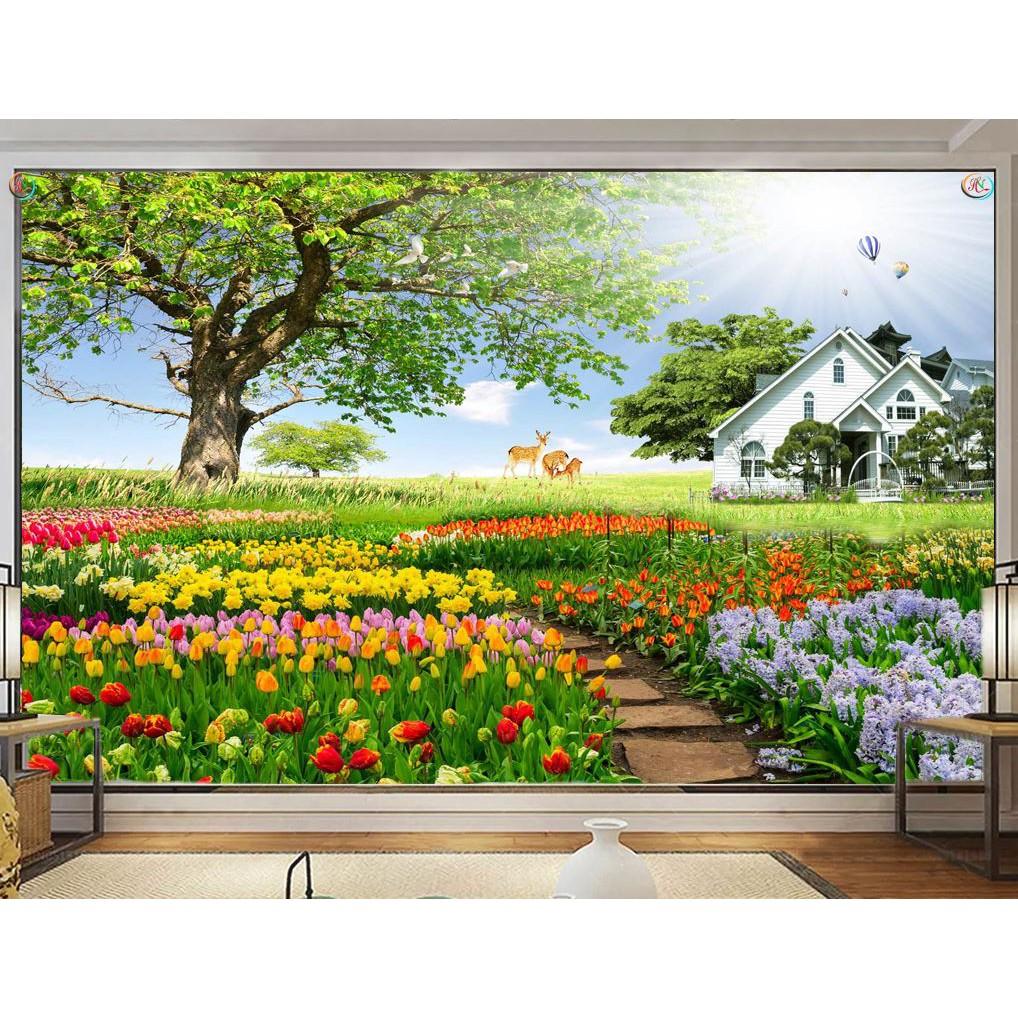 Tranh dán tường 3D hoa tulip - VẢI LỤA phủ kim sa