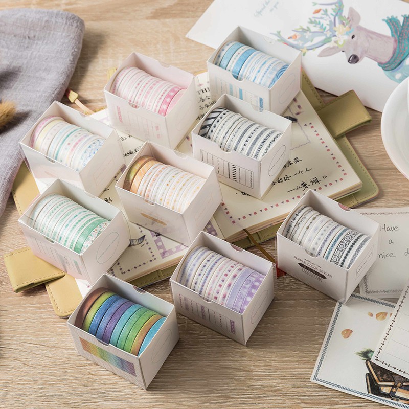 Bộ 10 Băng Keo Washi Tape nhiều màu sắc dùng trang trí album độc đáo, sổ nhật kí DIY