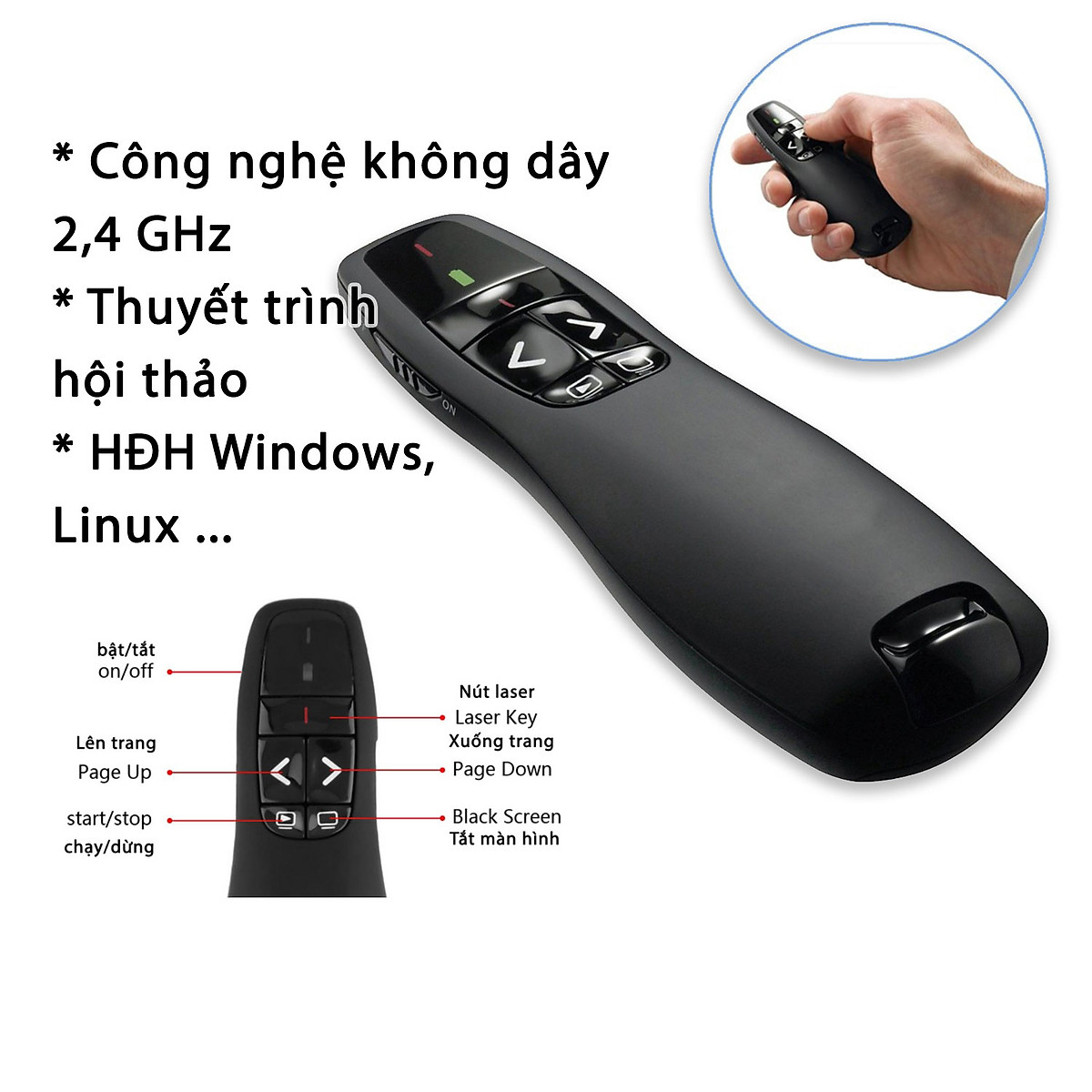 R400 Bút thuyết trình lazer pointer cao cấp bút trình chiếu giảng dạy không dây dành cho giáo viên, học sinh, sinh viên, nhân viên văn phòng