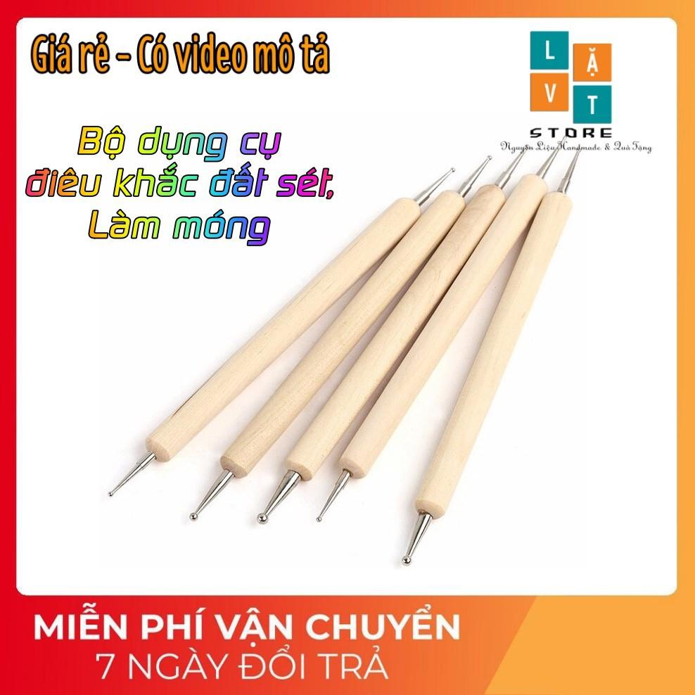 Bộ 5 bút 2 đầu tròn dùng để điêu khắc đất sét, gắn phụ kiện làm nail, làm móng giá rẻ.