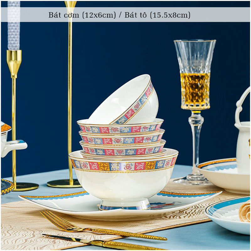 Bộ bát ăn cơm SỨ XƯƠNG Giang Tây cao cấp 60 chi tiết - Bộ chén ăn cơm sang trọng, tinh tế - Bát đĩa mỏng nhẹ nhưng cứng trong và cách nhiệt tốt. Mã GS21