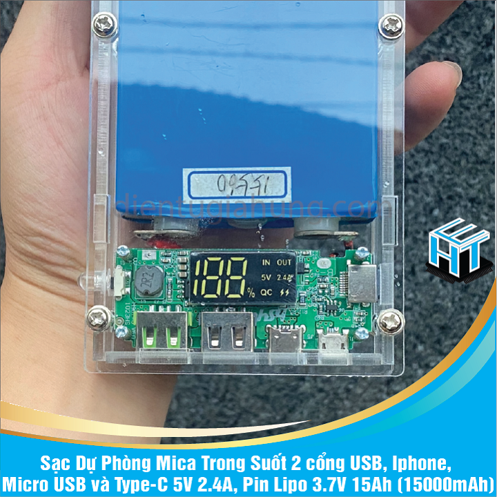 Sạc Dự Phòng Mica Trong Suốt 2 cổng USB, Ip, Micro USB và Type-C 5V 2.4A, Pin Lipo 3.7V 15Ah