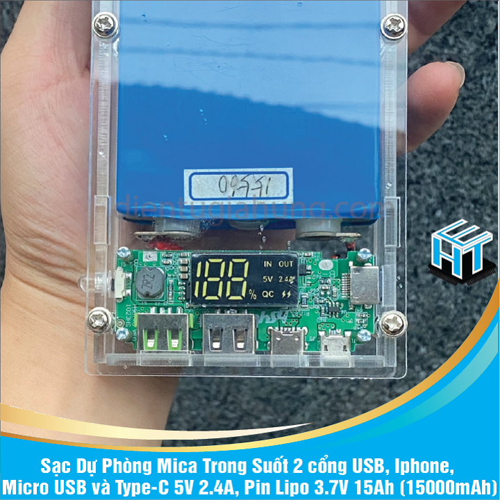 Sạc Dự Phòng Mica Trong Suốt 2 cổng USB, Ip, Micro USB và Type-C 5V 2.4A, Pin Lipo 3.7V 15Ah (15000mAh)