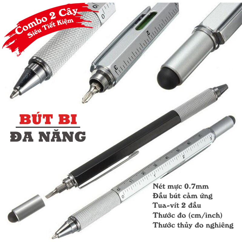 Bộ 2 Cây Bút Bi 6 in 1 Đa Chức Năng Đầu Bút Cảm Ứng Chạm Màn Hình Tích Hợp Tua Vít Tiện Lợi (mực đen) - Hàng Chính Hãng