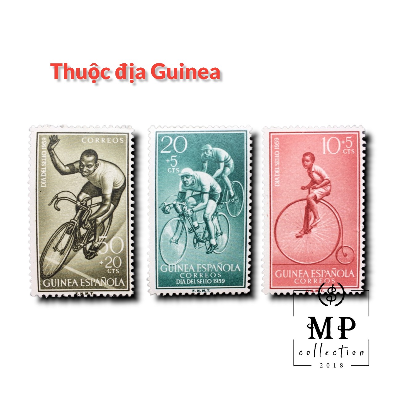 Tem sưu tầm Thuộc địa Guinea của Tây Ban Nha chủ đề đua xe đạp 1959 3 con.