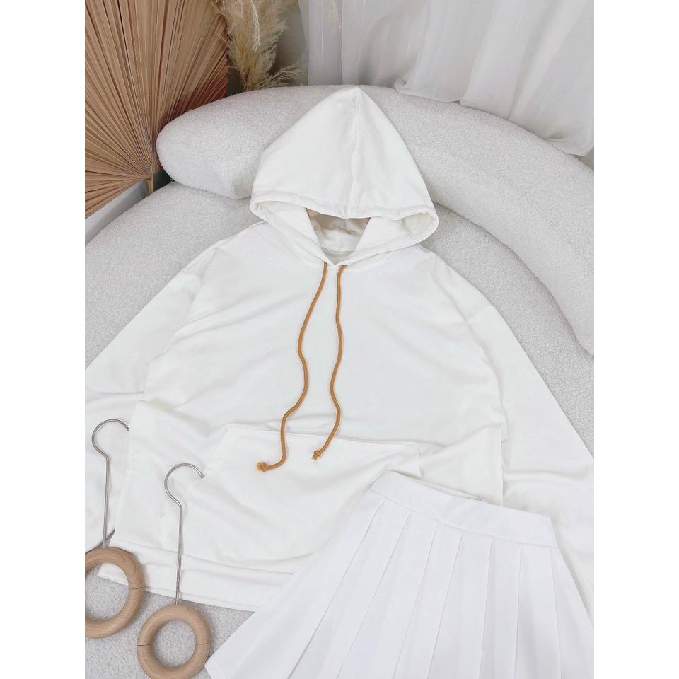 Set áo hoodie trắng có mũ kèm chân váy xếp ly ngắn năng động đồng phục hàn quốc