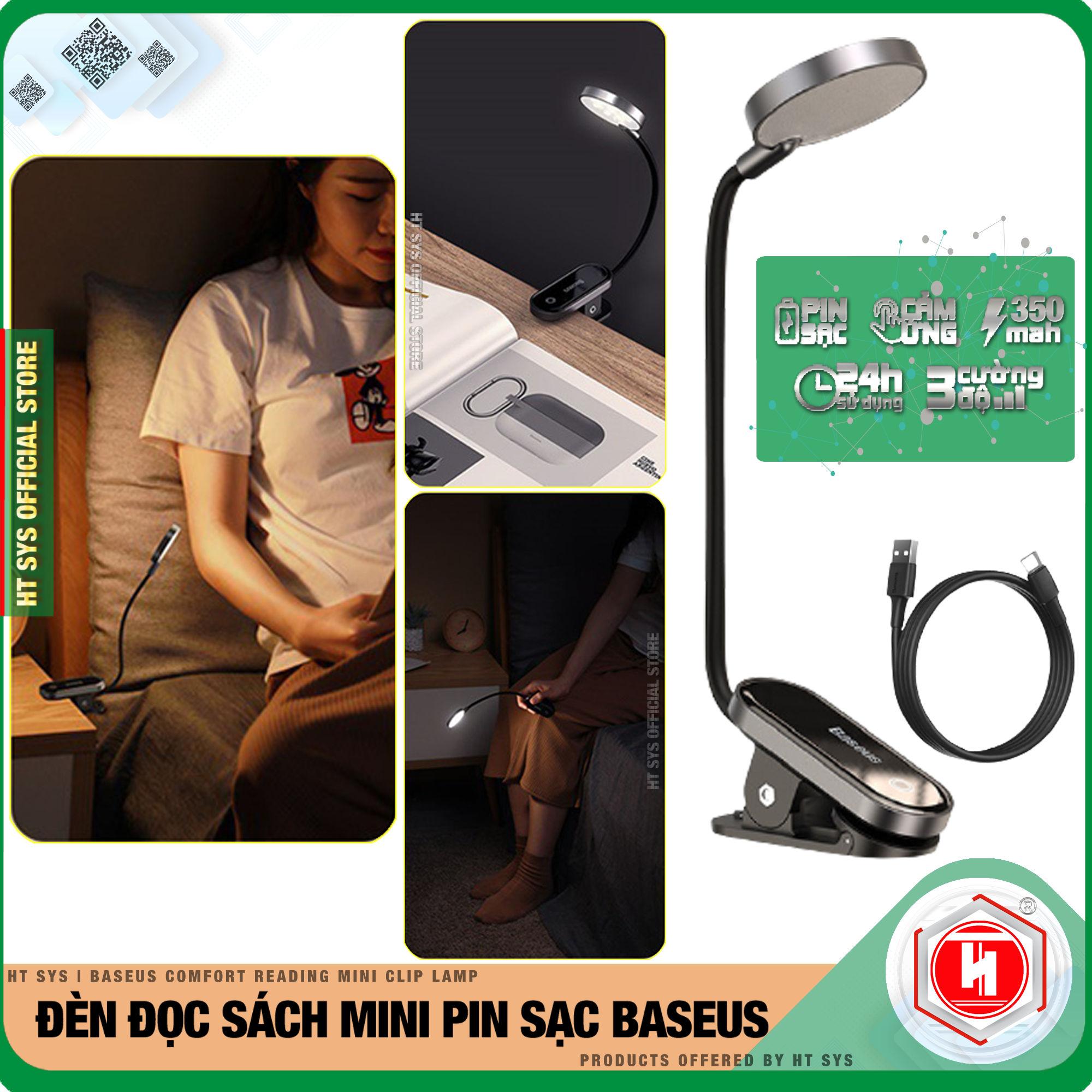 Đèn đọc sách mini HT SYS - Baseus Comfort Reading Mini Clip Lamp - (350mAh - 5V - 4000K - 24H sử dụng - Phím cảm ứng) - Hàng Nhập Khẩu