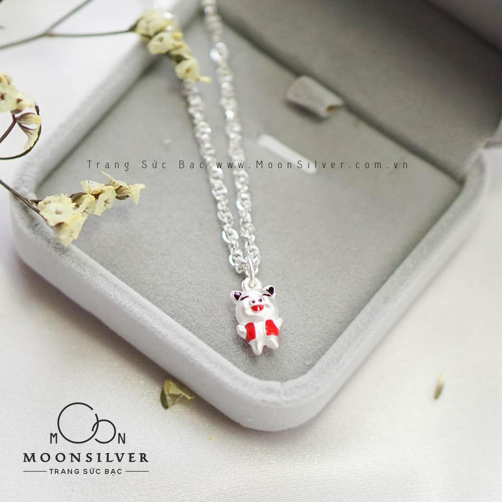 Dây chuyền bạc, vòng cổ bạc trẻ em charm lợn áo đỏ xinh xắn may mắn cho bé