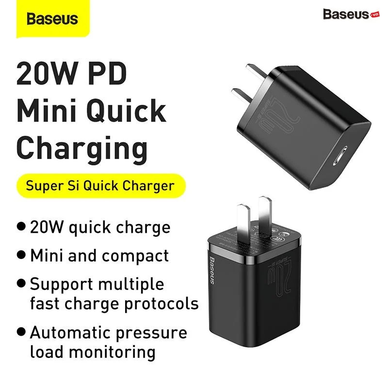 Bộ sạc nhanh, nhỏ gọn Baseus Super Si Quick Charger 20W dùng cho iPhone 12/iP11/XS Max - hàng chính hãng