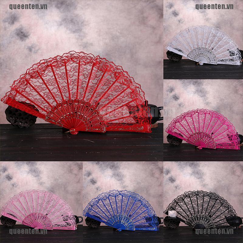 Chinese Lace Silk Folding Hand Held Dance Fan Flower Frame Pattern Party Wedding QUVN